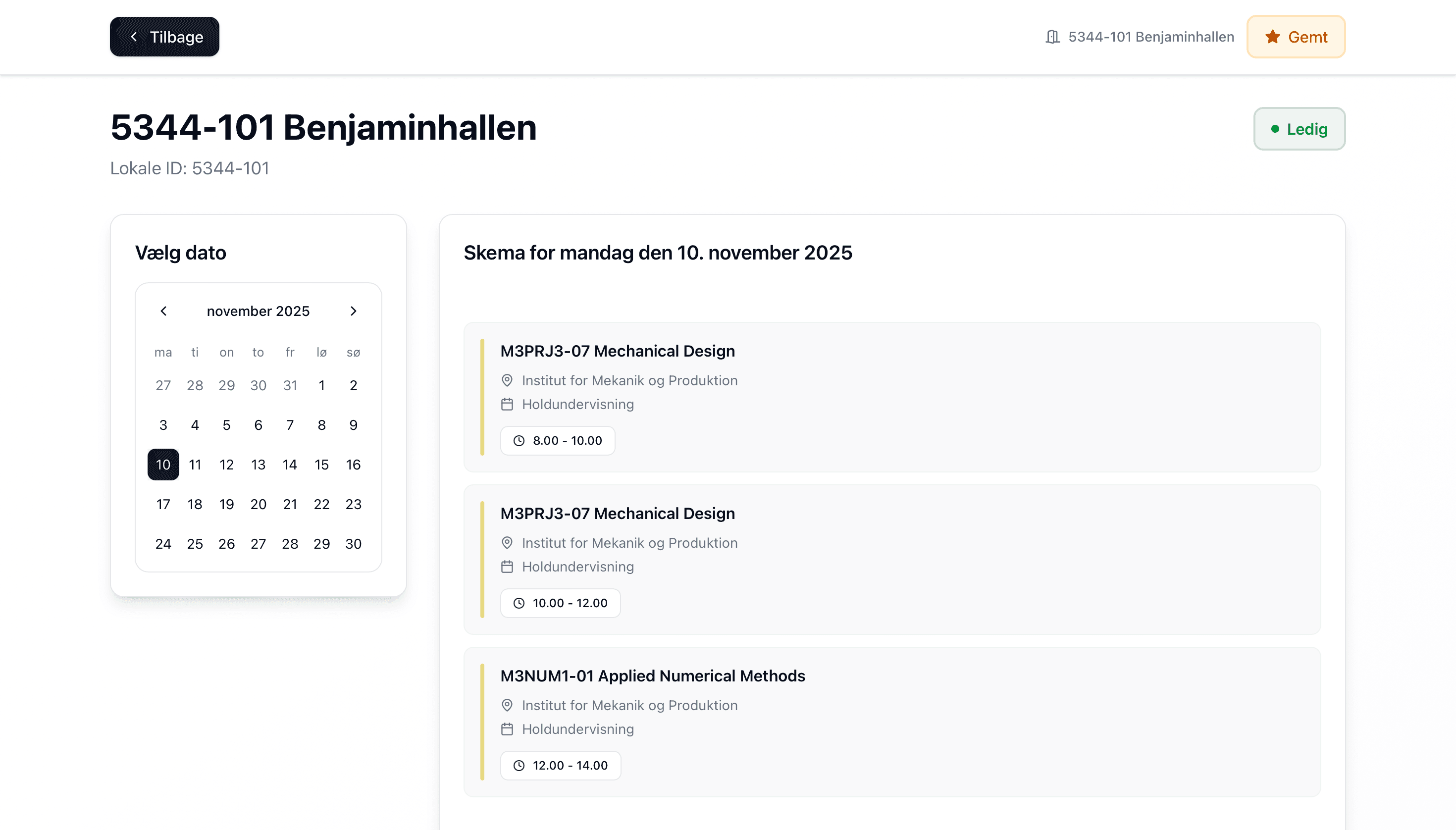 The schedule page for a room with availibity and events